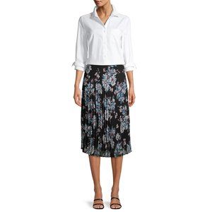 Time and Tru Women's Pleated Midi Skirt, Black Floral